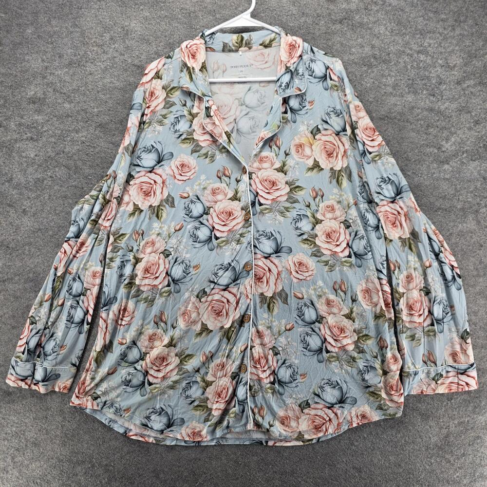 Posh Peanut Pajama Top Womens 2XL Blue Kimono Floral Viscose Spandex Lightweight